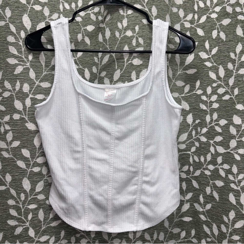 White Ribbed Crop Tank Top Corset Seam  Fitted No Boundaries Women’s M